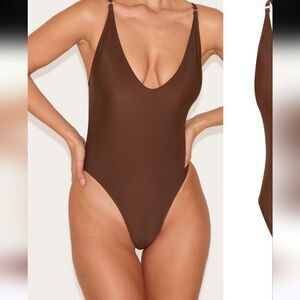 Womens Chocolate Brown Plunge Neckline  One-Piece Swimsuit sz XL